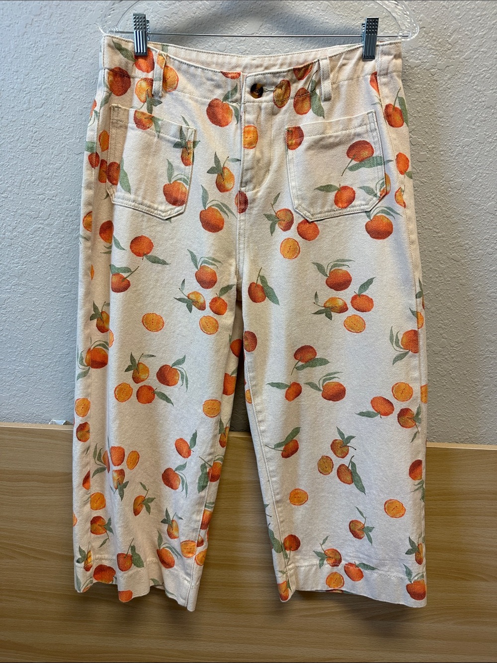 Cream Wide-Leg Jeans with Fun Orange Fruit Print